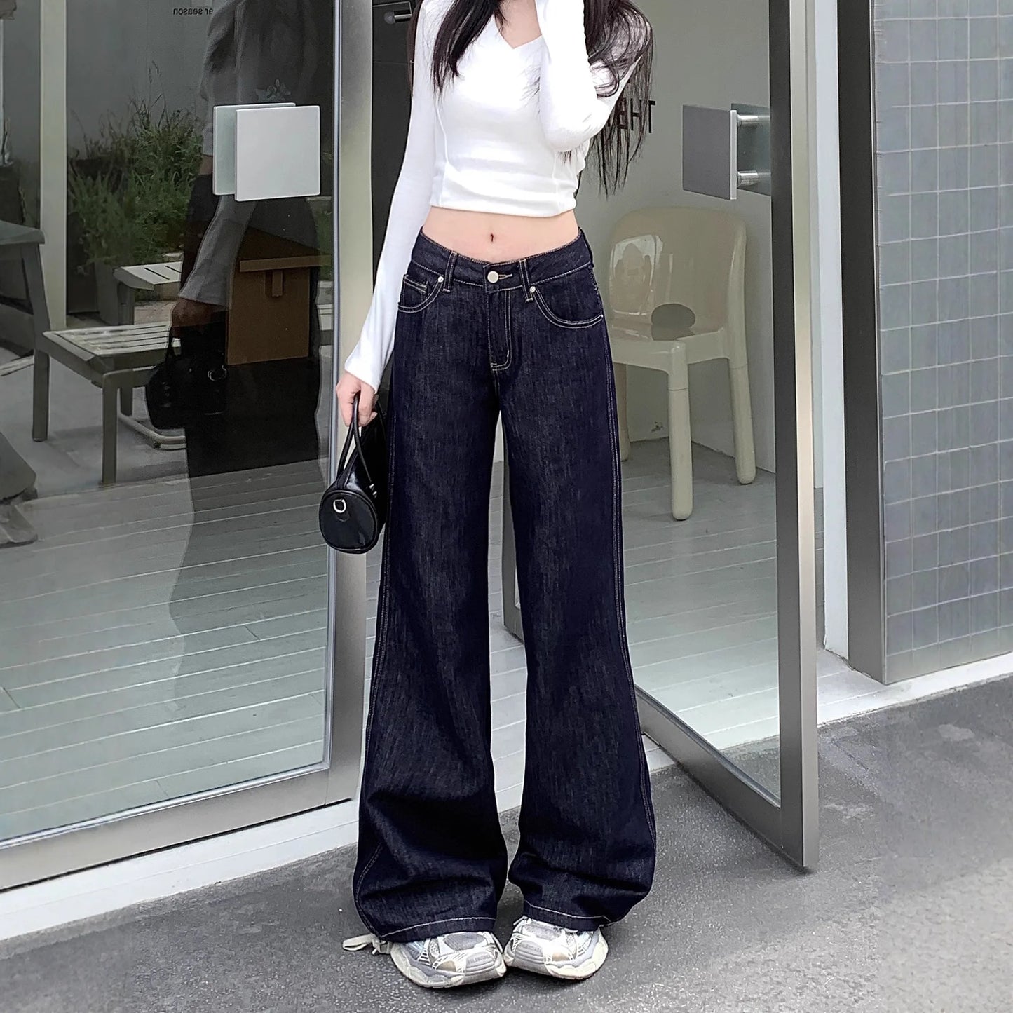 American Style Loose,  Wide Leg Denim Jean  for Girls/Women in  Summer.   Girls Slimming Draping Long Pants,   Autumn Casual Trousers