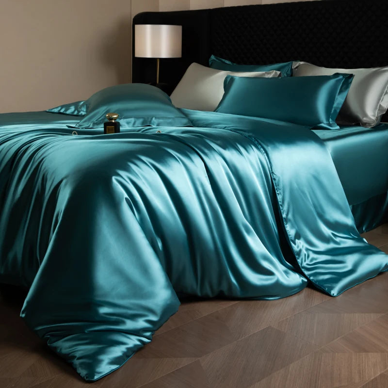 Silk Bed Sheets Set,   Luxury Bedding Set with Duvet Cover,  Fitted/Flat Bedsheet,  Pillowcases, Mixed with Rayon, King /Queen/ Full T/win