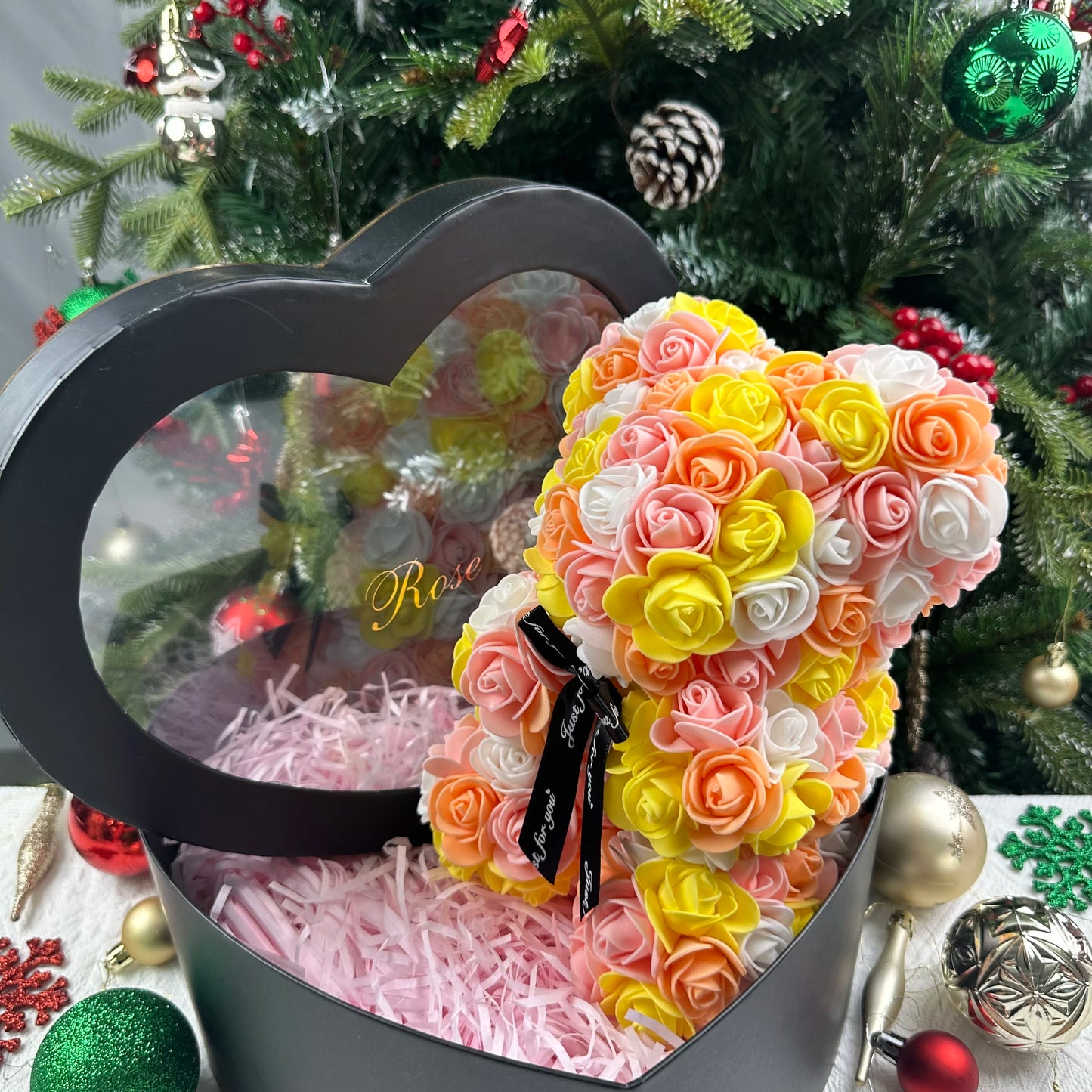 25cm Artificial Teddy Rose Flower Bear with Box.   Romantic Valentines Day Gift for Girlfriend,  Teen , Women Anniversary or Wedding Party