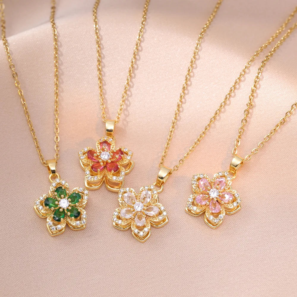 Shiny Zircon Romantic Flower Pendant, Necklace For Women Gold Plated Rotatable Flowers Choker for Girls , Wedding Party,  Luxury Jewelry