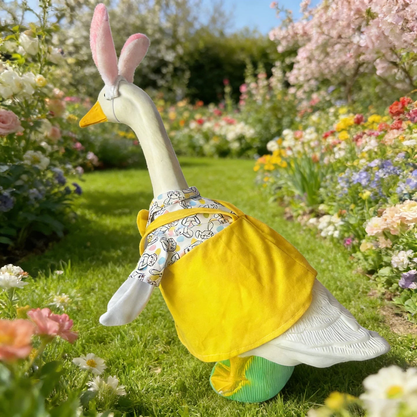 Easter Bunny Porch Goose with  Outfits For Cement Goose .  ' Lawn Goose Statue Clothes,  Bunny Ears on  Hat. Easter Decor