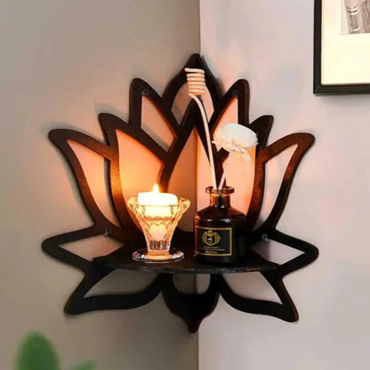 Wooden Lotus Hollow Decorative Rack, Aromatherapy Organiser for Essential Oils,  Candle Holder. Wall Mounted Corner Shelf