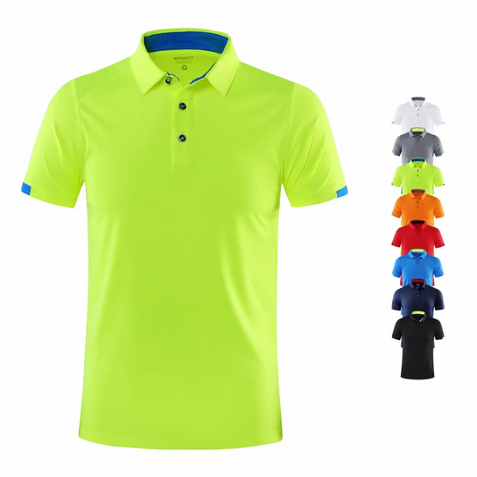 Quick -Drying Short Sleeved Polo Shirt. Company Group Brandable,  Breathable Lapel Sports Shirt Sleeved 8-Colors. Some color/size combinations missing but most have good numbers.  Those Summer Colors will go fast.