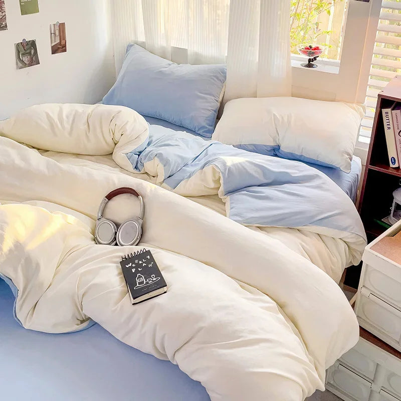 Solid Bed Linen Cotton Bedding Set 4pcs with Sheet Duvet Cover,  Pillowcases, Single/  Couple Bedsheet Single / Couple Twin Size