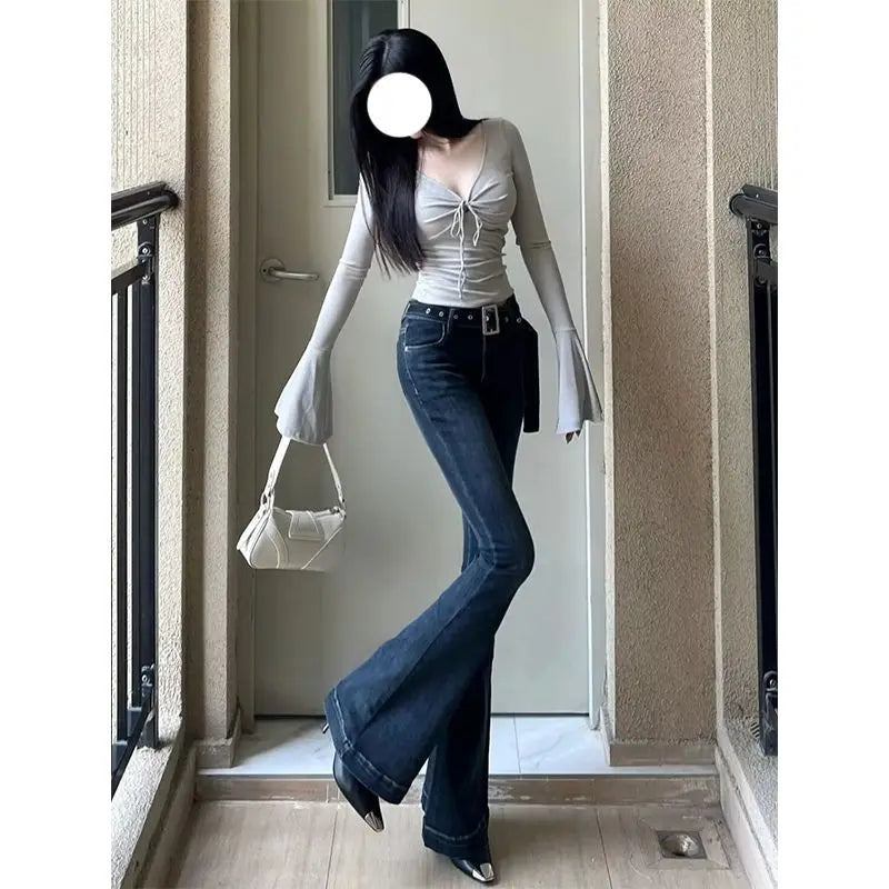 Slim Fit Bell Bottom Jeans for  Women's Micro Flare Jeans,  Retro Slimming, Floor Length Elastic Pants. 5 sizes, starting at Small and  going up through  2XL
