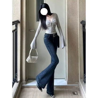 Slim Fit Bell Bottom Jeans for  Women's Micro Flare Jeans,  Retro Slimming, Floor Length Elastic Pants. 5 sizes, starting at Small and  going up through  2XL
