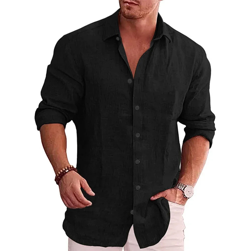 Cotton /Linen Autumn Men's Long Sleeve Shirt, Solid Colors, Casual Style,  Plus Sizes also
