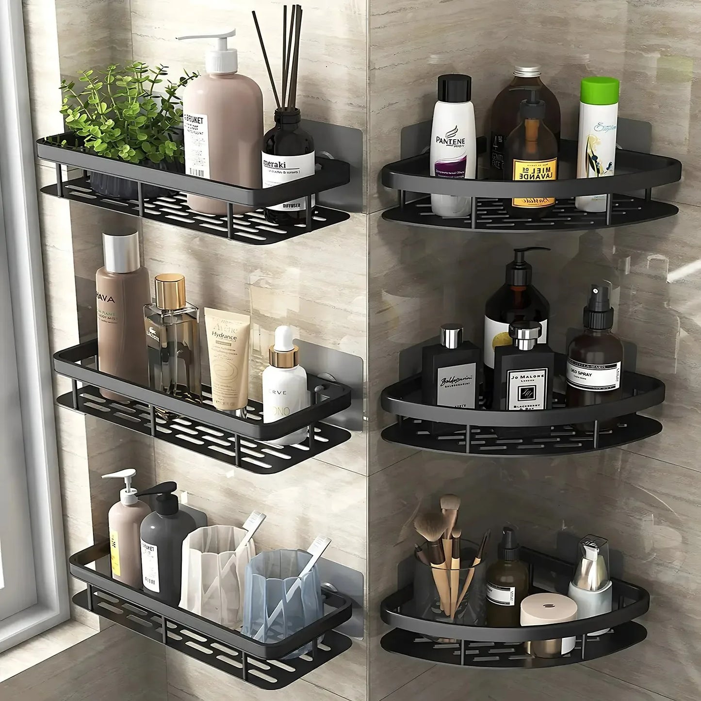 Towel rack wall mounted shower shampoo rack.   no drill rack,  tripod wall mounted corner rectangular bathroom rack.