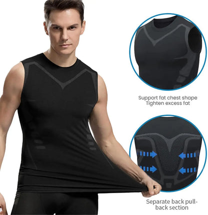 Summer Men Shapewear,  Ionic Shaping Vest,  Sleeveless Shirt  with Tight Compression.   Shirts,  Tank Top , Body Shaper, Breathable,  Ice Silk Vest.  ONLY Available colors/sizes are BLACK in Small, GREY IN XXL and XXXL. Check