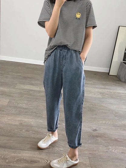 Summer Plus Size Jeans  for Woman/Girls.   Casual,  Loose,  Baggy, Denim Harem Pants with Elastic Waist,  Thin Cotton Jeans Ankle-Length