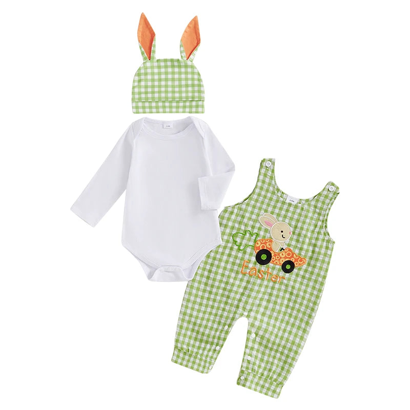 My First Easter Baby Boy Outfit,  Bunny Embroidery Farm Romper with  Plaid Overall,   Bunny  Earson  Hat.  Newborn Baby Easter Clothes