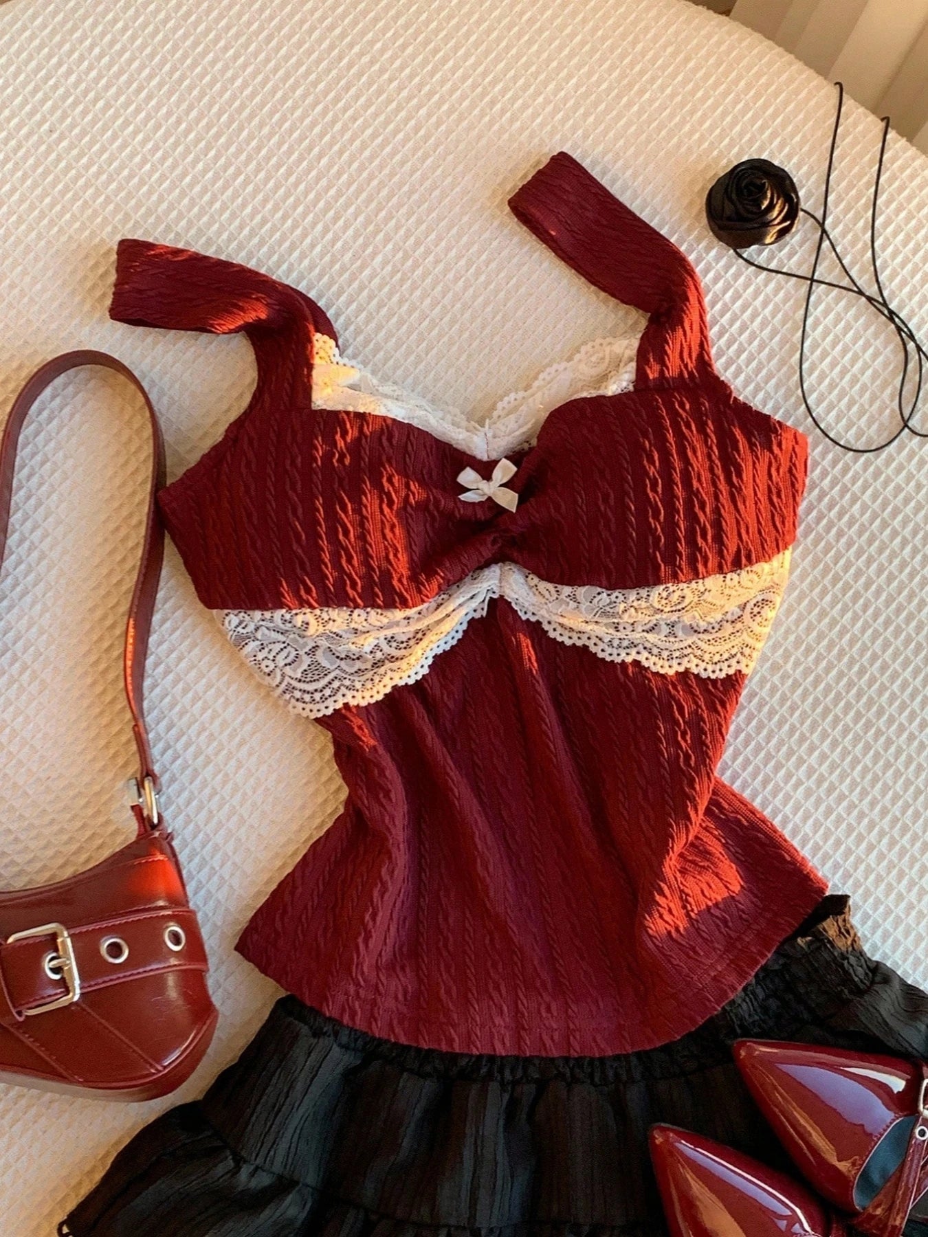 , summer fashion patchwork,  lace bow decoration,  versatile top for warm weather