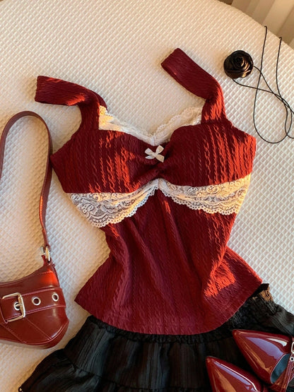 , summer fashion patchwork,  lace bow decoration,  versatile top for warm weather