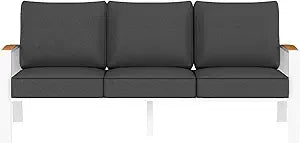Outdoor Couch,  Aluminum Patio Furniture Set,  All-Weather Metal 3-Seat Sofa with Solid Teak Armrest and Thick Cushions,