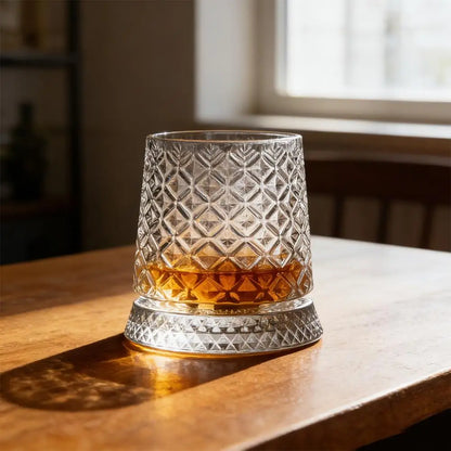 280ml Crystal Rotating Whiskey Glass with Base Ice Flower Bubble Pattern 360° Spinning Glassware For Home Bar Party Wedding