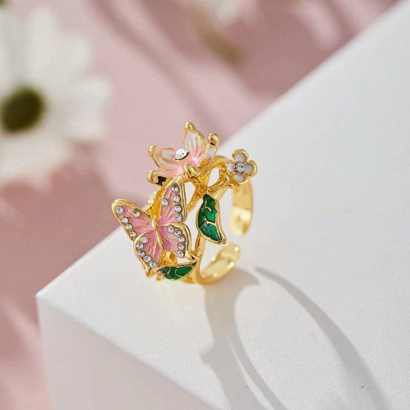 Aesthetic Flower Butterfly Rings for Women.  Romantic Rhinestone,  Stylish Non-fading Opening Ring