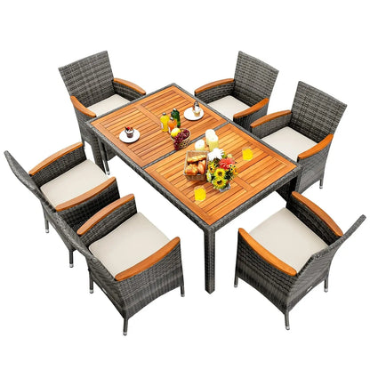 7 PCS Outdoor Patio Dining Set,  Dining Set w/Acacia Wood Table Top, Stackable Chairs with Soft Cushion, Poly -Wicker Dining Table