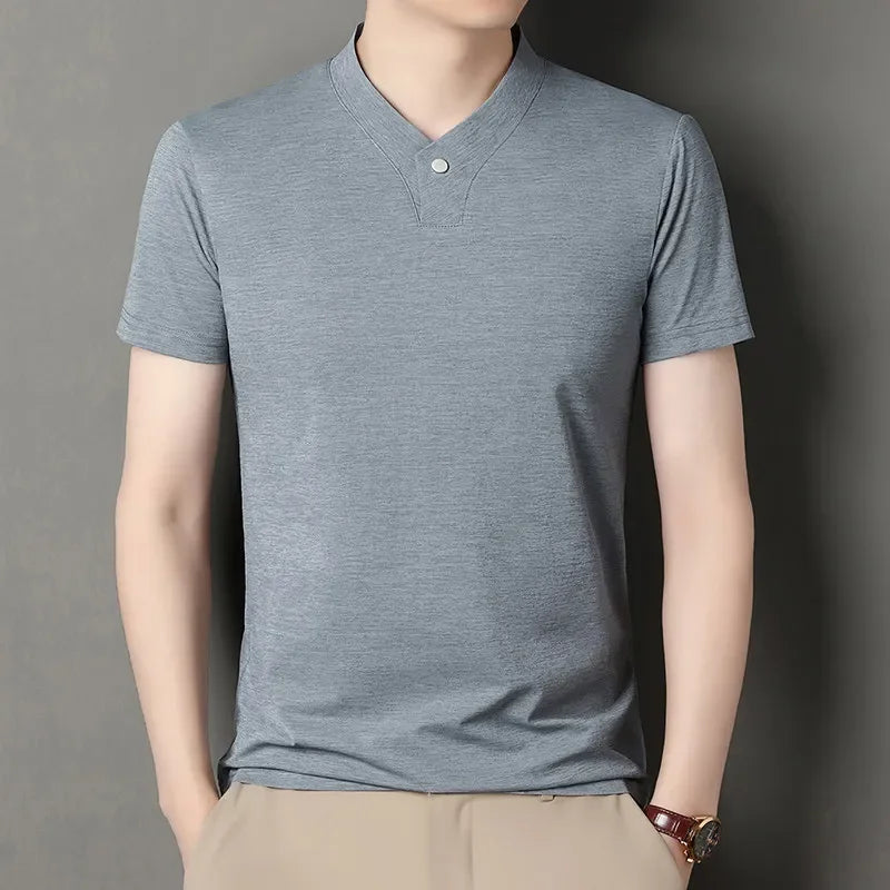 2026 Men's Casual and Fashionable One Button V-neck,  Solid Colors to choose from,  Short Sleeved T-shirt for Summer.
