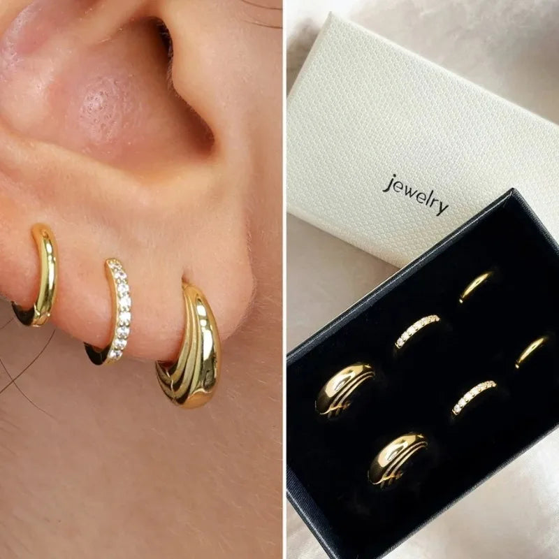 3 Pairs Stainless Steel Crystal Zirconia Hoop Earrings for Women Trendy Simple Gold Plated Circle Punk Earrings Piercing Jewelry