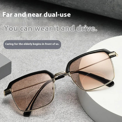 2-in-1 Popular Metal Bifocal Presbyopia Glasses, with Anti-Blue Light Reading Glasses/ Sunglasses for Both Near and Far Use