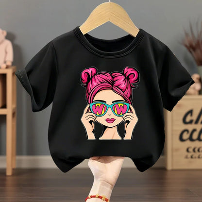Girls Summer  Casual T Shirt, Fashion Printed Children's Short Sleeve Tops,  Kids Breathable Comfy Outdoor T's Black/ Pink /White