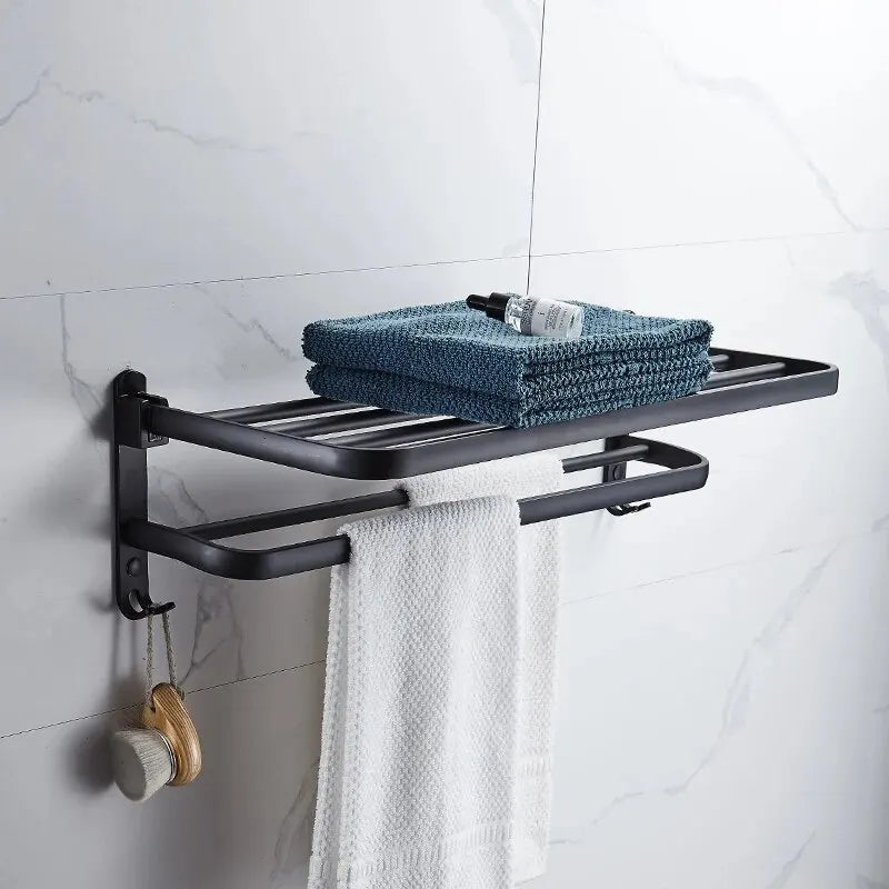 Matte Black 50CM Folding Holder With Hook, Towel Holder,  Wall Mount AluminumTowel Rack