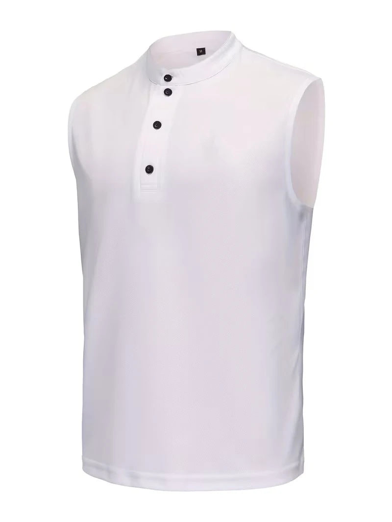 Summer Men's Casual Sleeveless T-Shirt Milano Embroidery Stand Collar Henley Tank Top Beach Sportwear.  White is gone but 3-4 colors are available Depending on the size you need