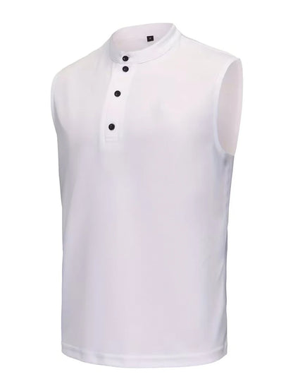 Summer Men's Casual Sleeveless T-Shirt Milano Embroidery Stand Collar Henley Tank Top Beach Sportwear.  White is gone but 3-4 colors are available Depending on the size you need