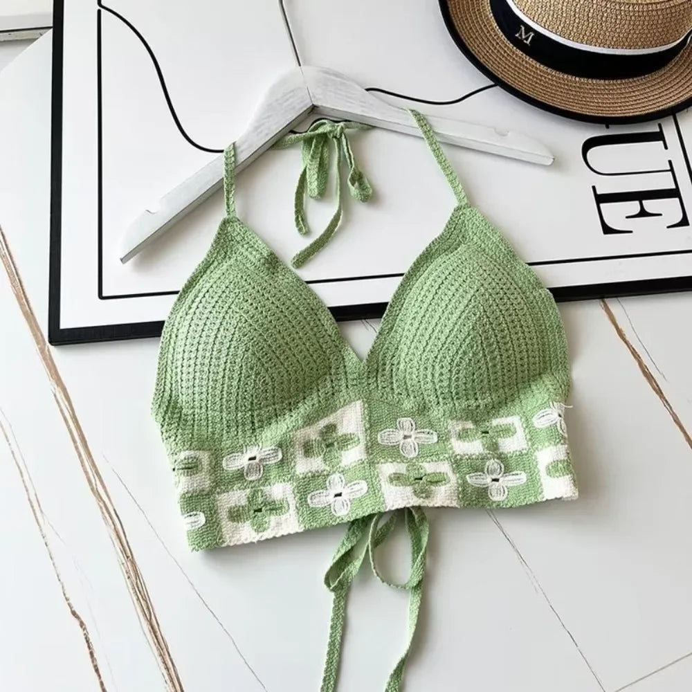 National Style Women Swimwear Top with Chest Pads Bohemian Beach Wear Outfit Crochet Hanging Neck Summer Sling Beach Vacation