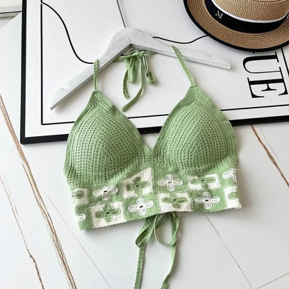 National Style Women Swimwear Top with Chest Pads Bohemian Beach Wear Outfit Crochet Hanging Neck Summer Sling Beach Vacation