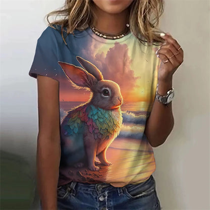 Cute Fun Rabbit Printed T Shirt, Unisex,  Short Sleeve O Neck, Fashion  for Easterwear.  T Shirts  for Summer Casual Outdoor, Soft Tops