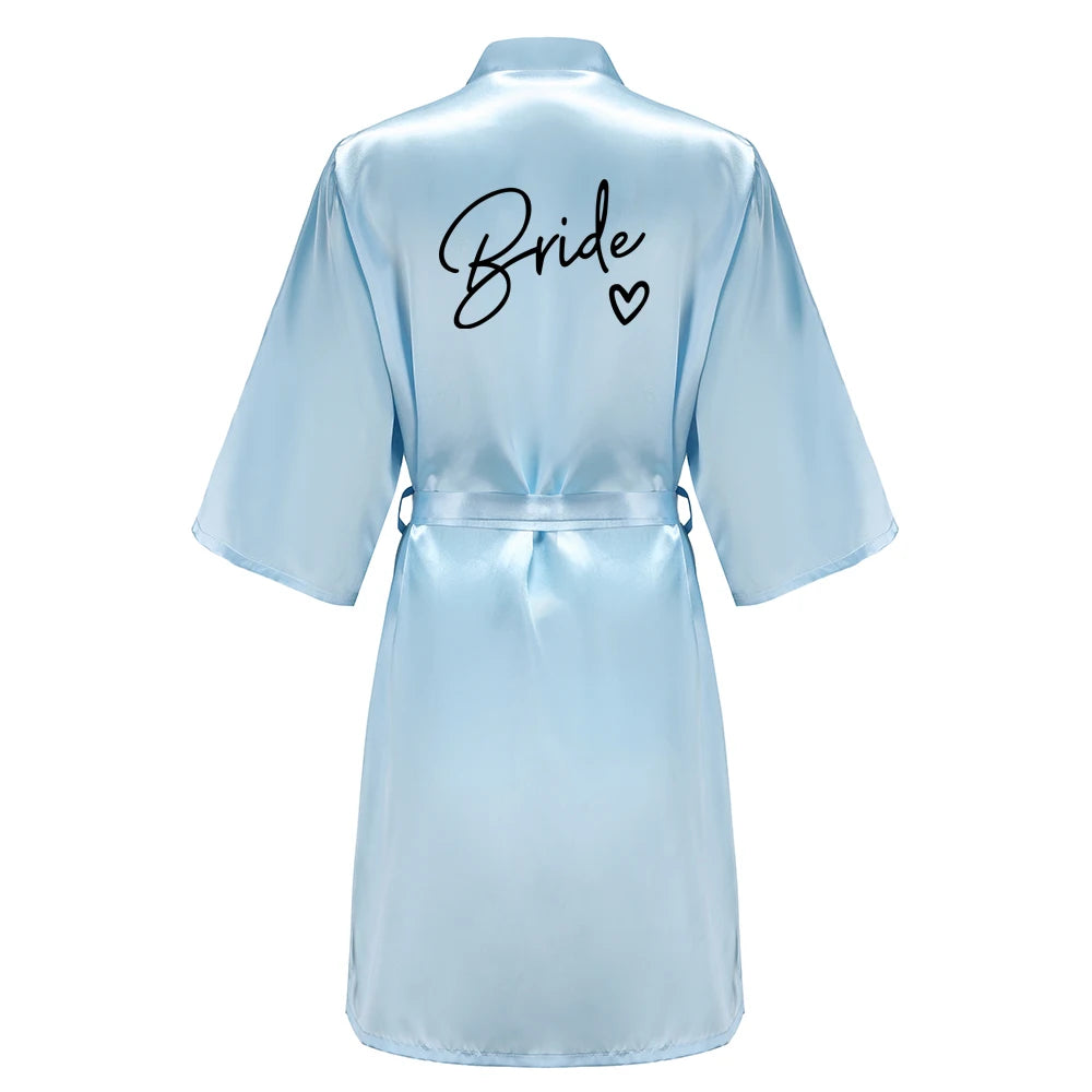Wedding Party Team Bride Robe With Black Letters, Kimono Style Satin Bridesmaid Bathrobes