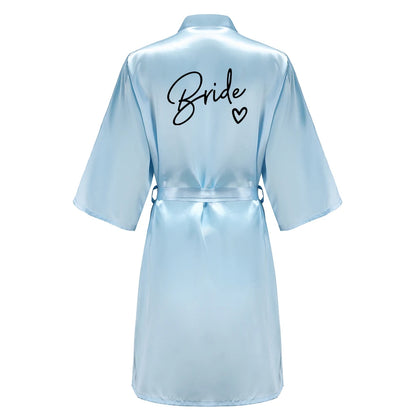 Wedding Party Team Bride Robe With Black Letters, Kimono Style Satin Bridesmaid Bathrobes