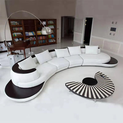 Luxury Modern Curved Genuine Leather Sofa Sectional Couch.   White and Black Design Living Room,  Contemporary Home Decoration