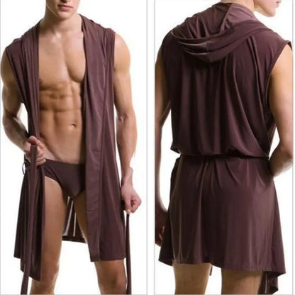 Men's Pajamas,  Sleeveless,  Oversized,  Silky,  Male Pajamas.   Hooded Bathrobe and Ultra-thin Homewear,  Bath Robe