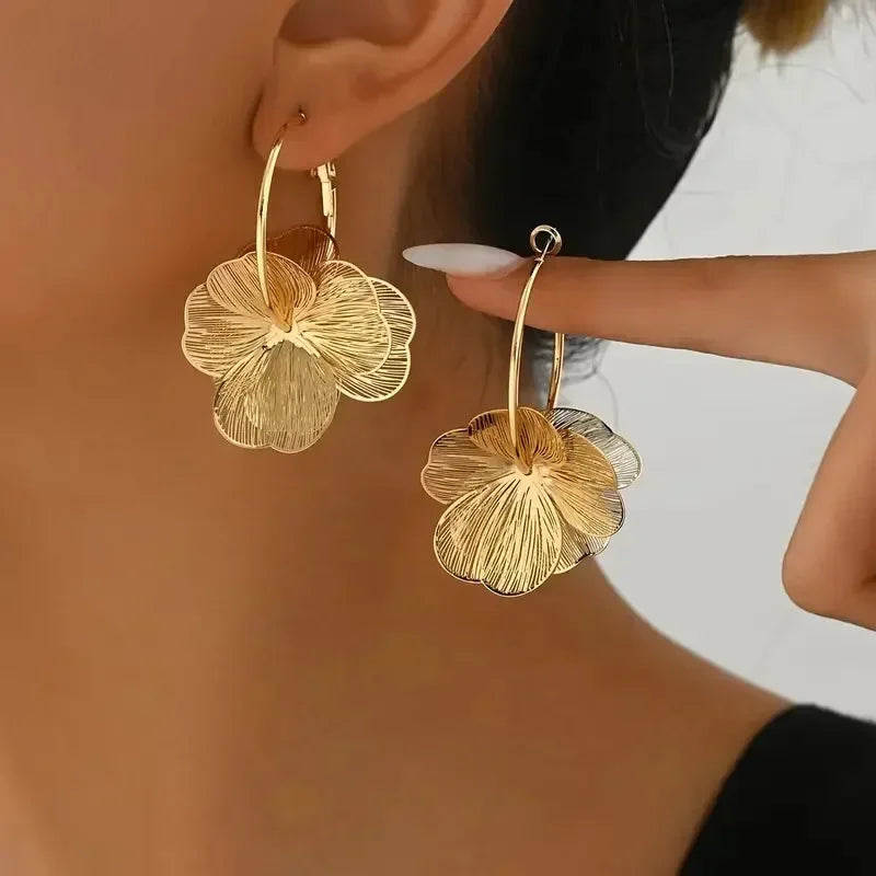 Stainless Steel Golden Double-Layer Hollow Flower Hoop Earring for Women.  Vintage Flower Earrings for  MOTHERS DAY and Daily Wear Jewelry