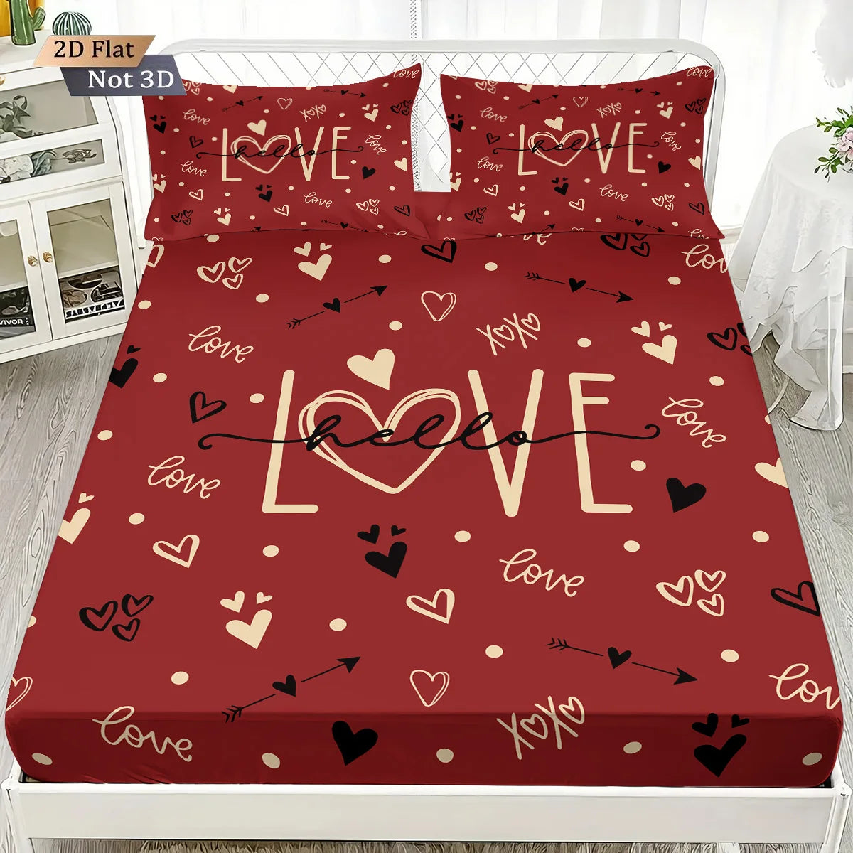 3pcs Valentine's Day Romantic Red LOVE Print.  Choreless Bed Sheet Set with Multi Size Bed Cover.