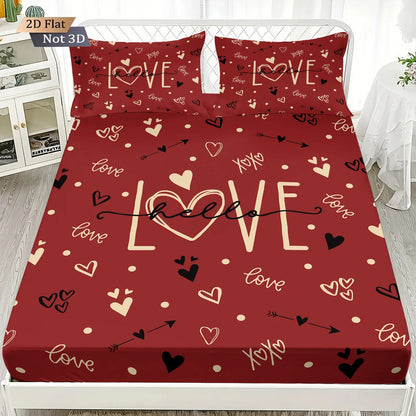 3pcs Valentine's Day Romantic Red LOVE Print.  Choreless Bed Sheet Set with Multi Size Bed Cover.
