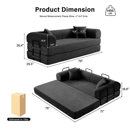 79'' Boneless Couch Foldable Convertible Futon Sleeper Sofa Bed,  Floor Lounge with L-Shaped Armrests for Living Room Sofas