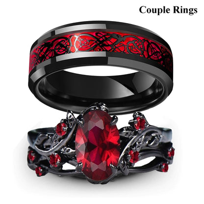 Charming Couples Rings . Romantic Womens Red Rhinestones Ring Set . Trendy Mens Stainless Steel Celtic Dragon Rings, Wedding Band Jewelry, Couples Rings, MOTHER and FATHERS DAY Gift