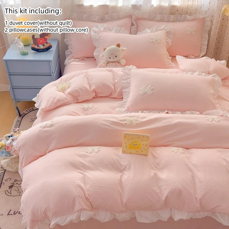 3 Piece Sheet Set  pink bowknot embroidery Quilt Set ， comfortable embroidery  Bedding Set Bedspread for All Season