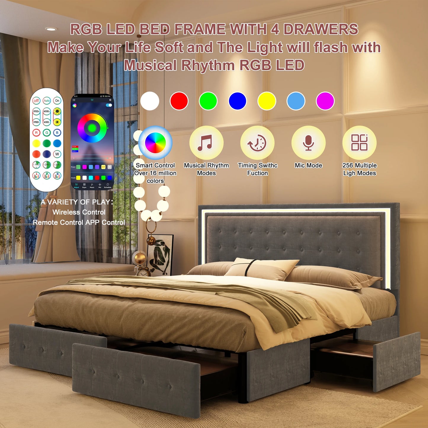 Queen LED Bed Frame with 4 Storage Drawers, Headboard, PU Upholstered, No Box Spring Needed, 900 lbs Support