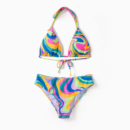 Matching Family swimsuits.   Colorful Tie-Dye Print Swim Trunks or Halter ( two-Piece Bikini)