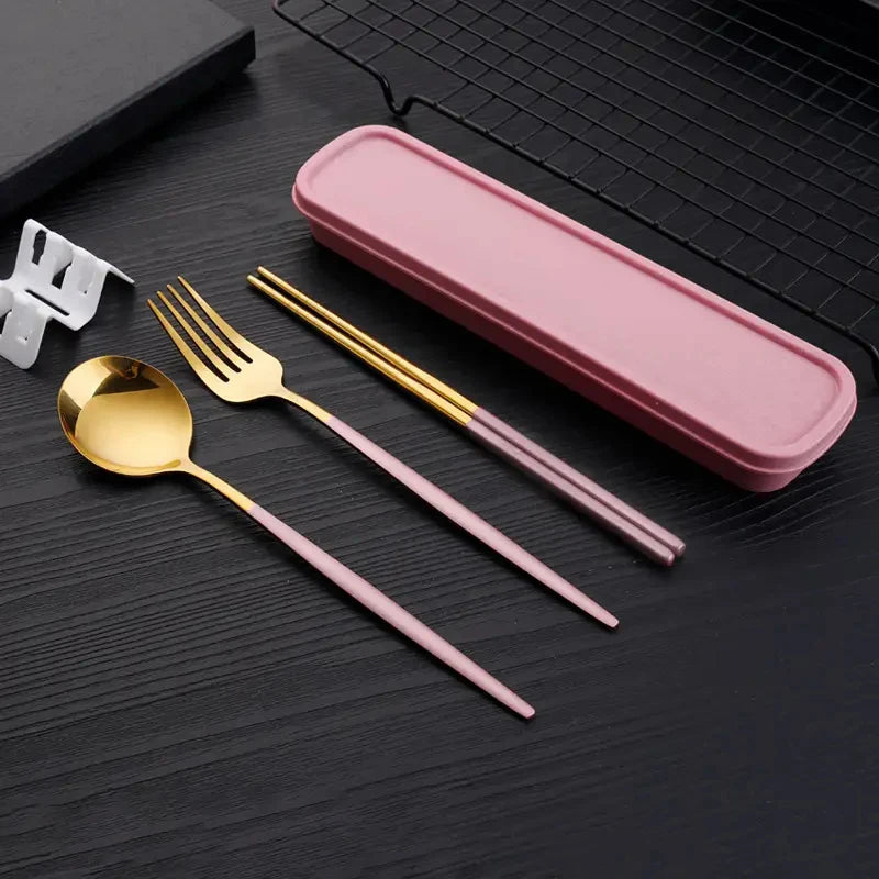 3pcs Thin Portuguese portable stainless steel cutlery  including chopsticks, forks, spoons, student, home,  outdoor,  picnic tableware.  REALLY attractive with the Forest Green Dinnerware.
