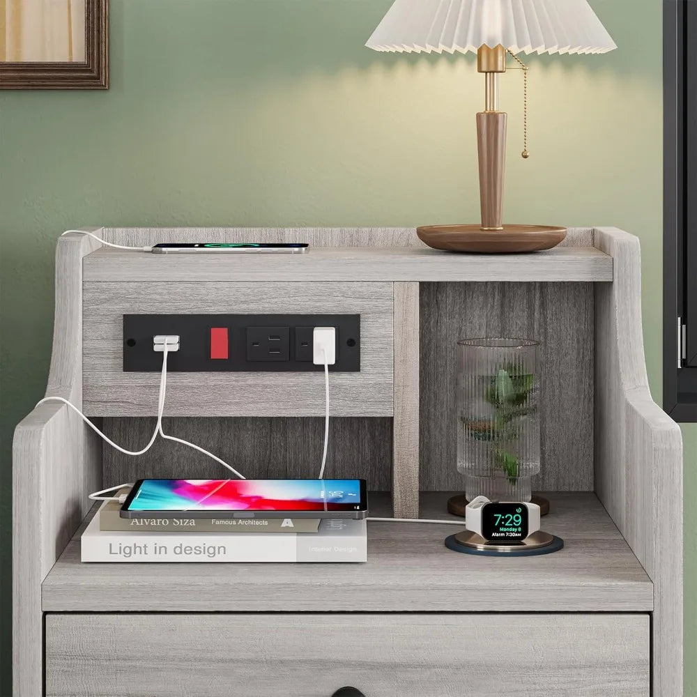 Nightstand with Charging Station, with Hutch & Storage Drawers.   End Table, Side Table,  Bedroom, Office