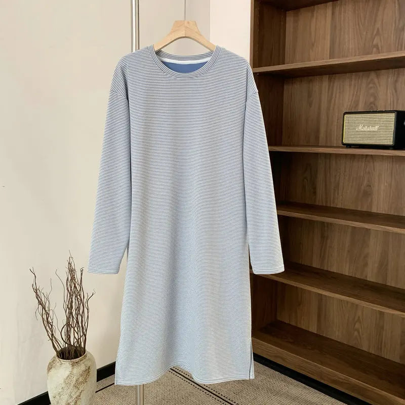 Warm Velvet Striped Design Long Sleeved Nightgown Men's Sleeping Dress Loose Plus Size Home Wear Mid Length Men Clothes