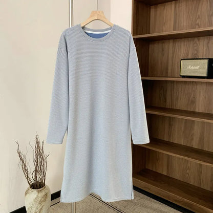 Warm Velvet Striped Design Long Sleeved Nightgown Men's Sleeping Dress Loose Plus Size Home Wear Mid Length Men Clothes