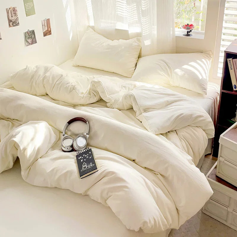 Solid Bed Linen Cotton Bedding Set 4pcs with Sheet Duvet Cover,  Pillowcases, Single/  Couple Bedsheet Single / Couple Twin Size