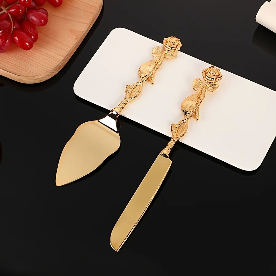 2pc.  Set of Golden Color Cake Knife and Spatula  with Luxury Rose Shaped Handle.   Cake Knife for Weddings,  Birthday Party,  Tableware Gifts