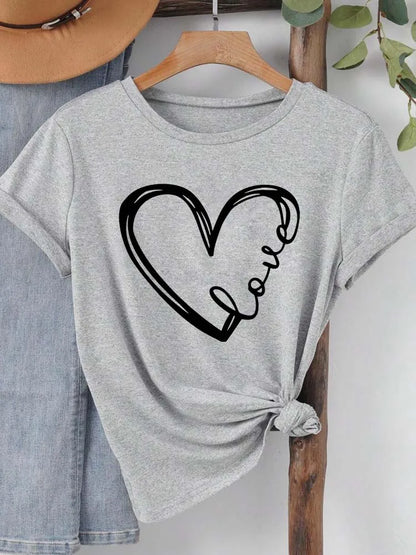 Love Heart Printed Trend,  Womens,Fashion Clothing,  Graphic T-shirts , Female Short Sleeve,Casual Tee